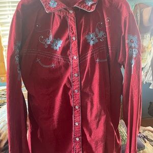 Red Floral Embroidered Button-Down Shirt